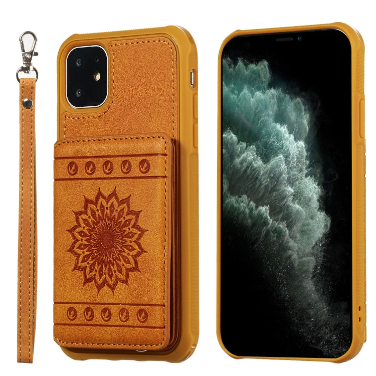 For iPhone 11 Sunflower Embossing Pattern PU + TPU Case with Holder & Card Slots & Photo Frame & Lanyard