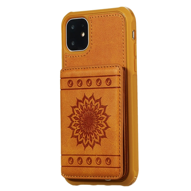 For iPhone 11 Sunflower Embossing Pattern PU + TPU Case with Holder & Card Slots & Photo Frame & Lanyard