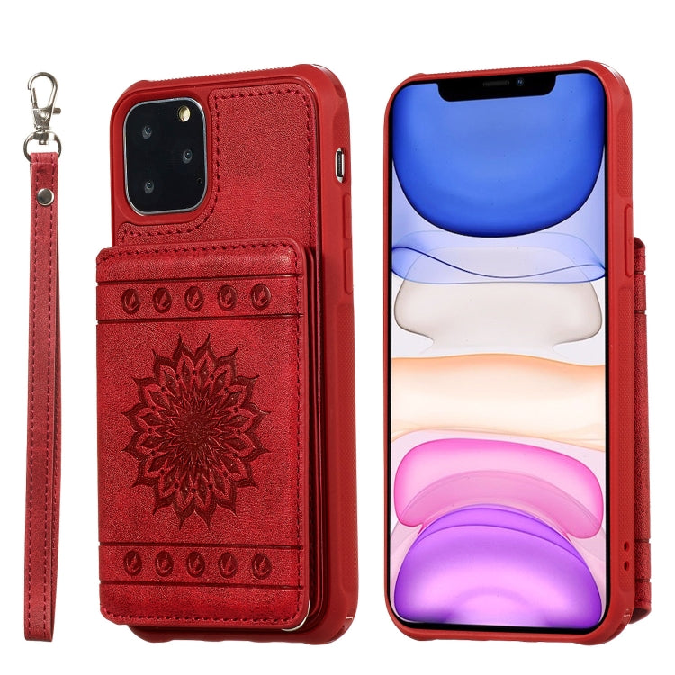 For iPhone 11 Pro Sunflower Embossing Pattern PU + TPU Case with Holder & Card Slots & Photo Frame & Lanyard