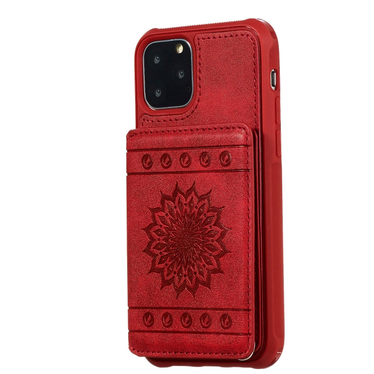 For iPhone 11 Pro Sunflower Embossing Pattern PU + TPU Case with Holder & Card Slots & Photo Frame & Lanyard