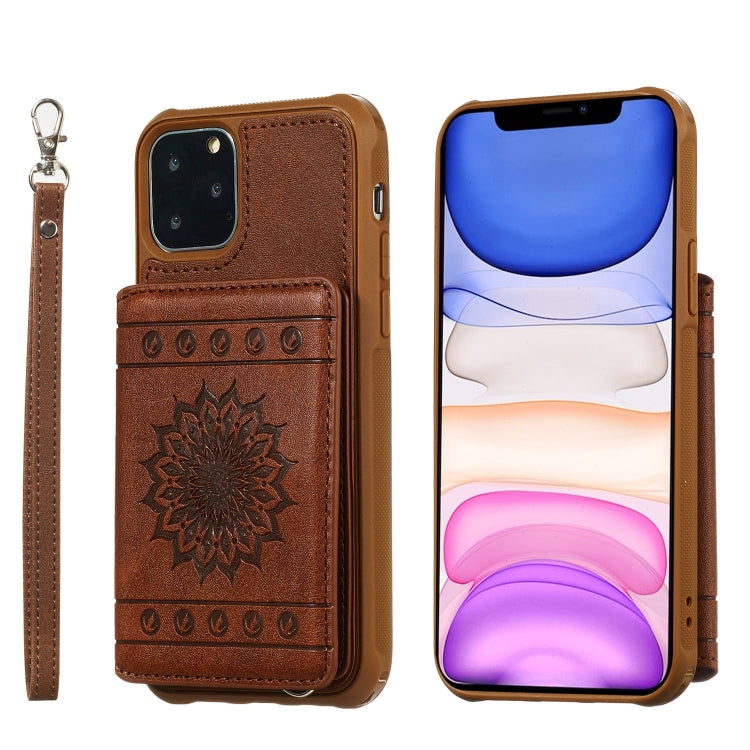 For iPhone 11 Pro Sunflower Embossing Pattern PU + TPU Case with Holder & Card Slots & Photo Frame & Lanyard