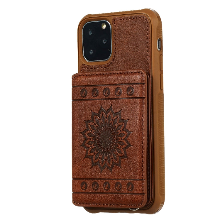 For iPhone 11 Pro Sunflower Embossing Pattern PU + TPU Case with Holder & Card Slots & Photo Frame & Lanyard