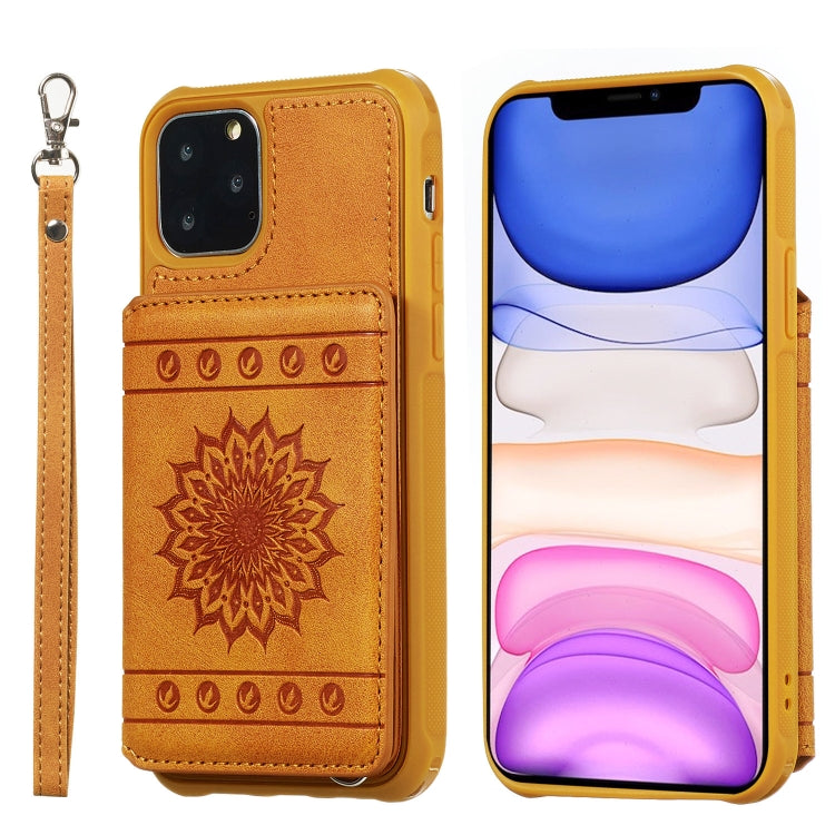 For iPhone 11 Pro Sunflower Embossing Pattern PU + TPU Case with Holder & Card Slots & Photo Frame & Lanyard