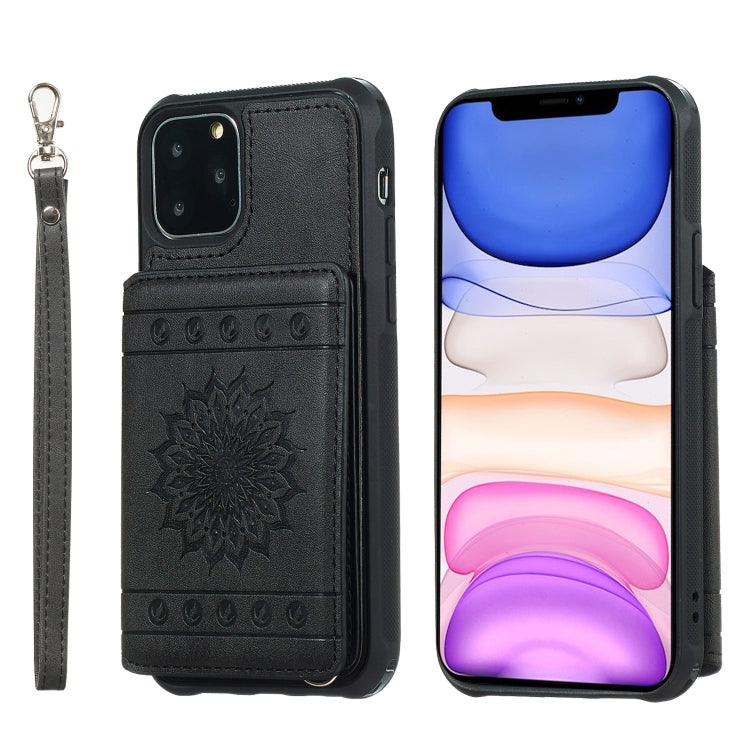 For iPhone 11 Pro Sunflower Embossing Pattern PU + TPU Case with Holder & Card Slots & Photo Frame & Lanyard