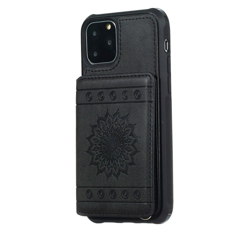 For iPhone 11 Pro Sunflower Embossing Pattern PU + TPU Case with Holder & Card Slots & Photo Frame & Lanyard