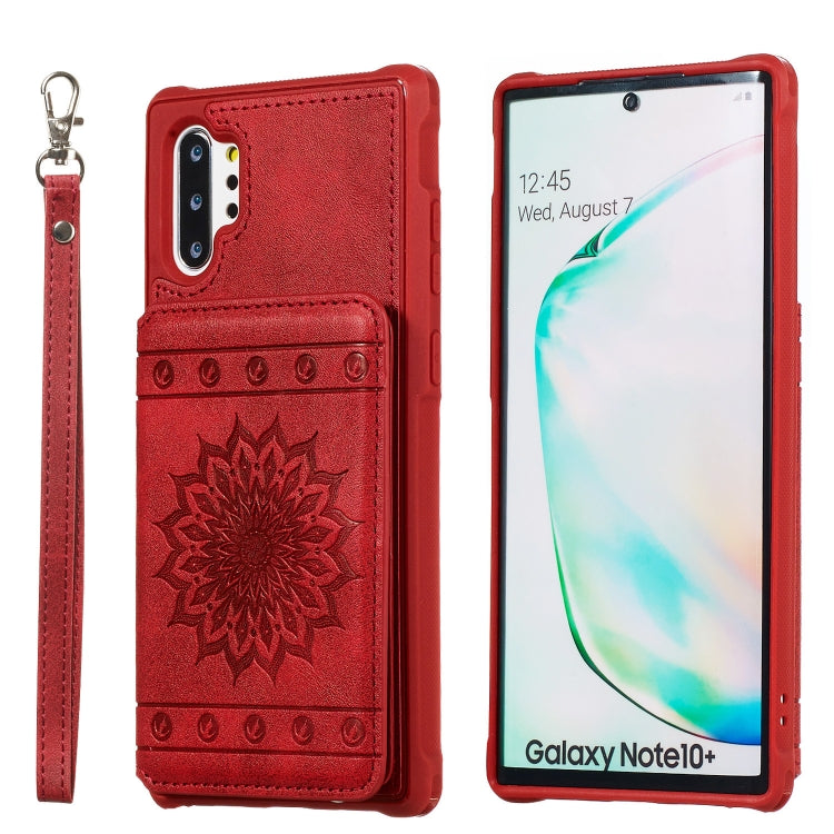 For Galaxy Note10+ Sunflower Embossing Pattern PU + TPU Case with Holder & Card Slots & Photo Frame & Lanyard