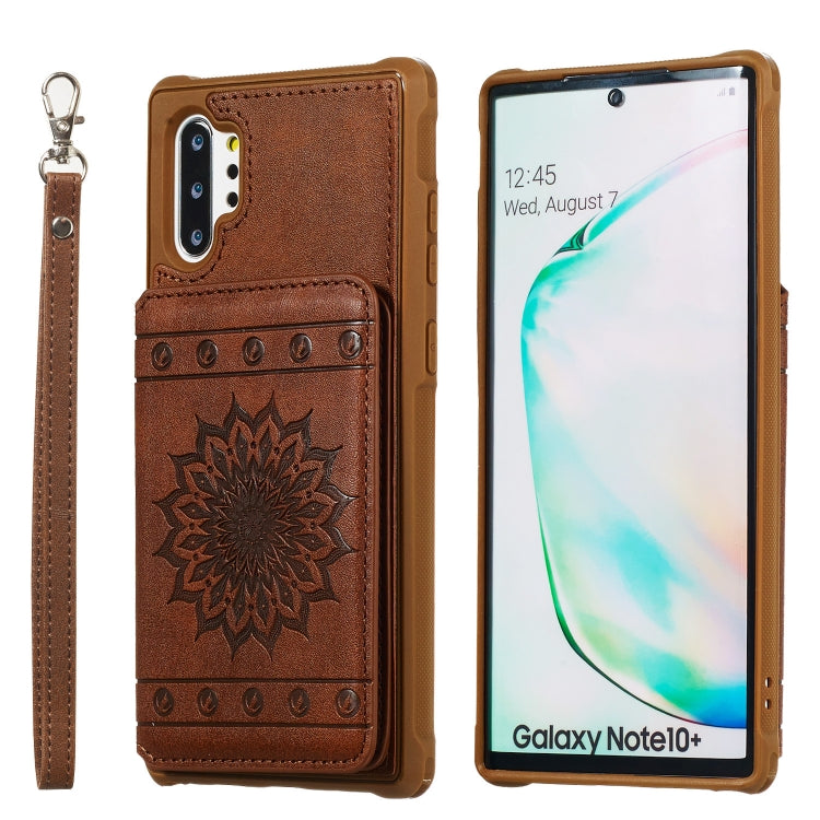 For Galaxy Note10+ Sunflower Embossing Pattern PU + TPU Case with Holder & Card Slots & Photo Frame & Lanyard