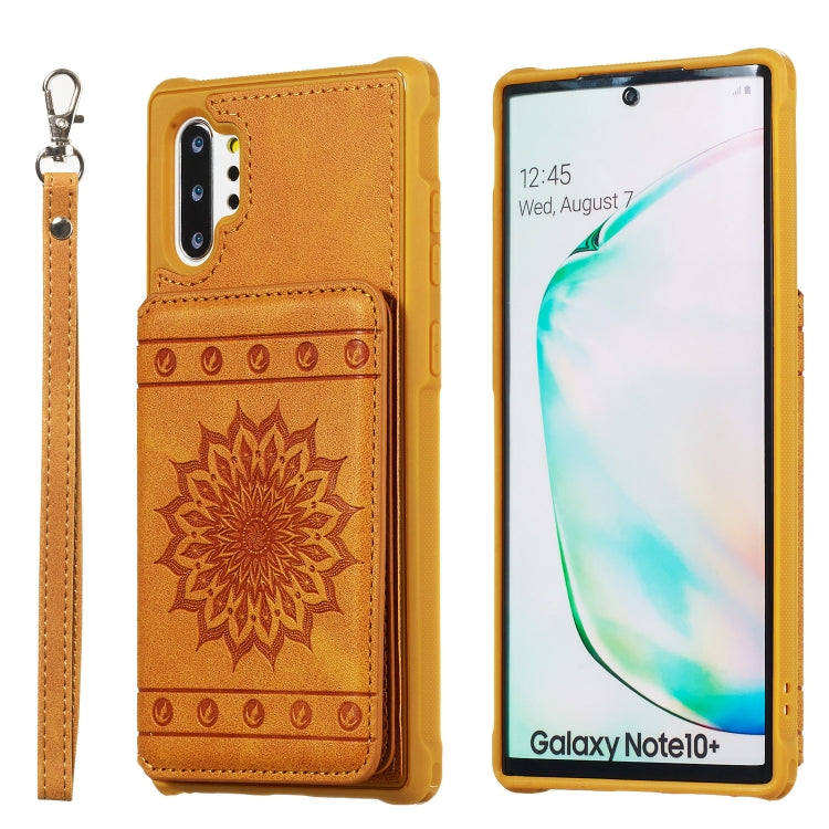 For Galaxy Note10+ Sunflower Embossing Pattern PU + TPU Case with Holder & Card Slots & Photo Frame & Lanyard