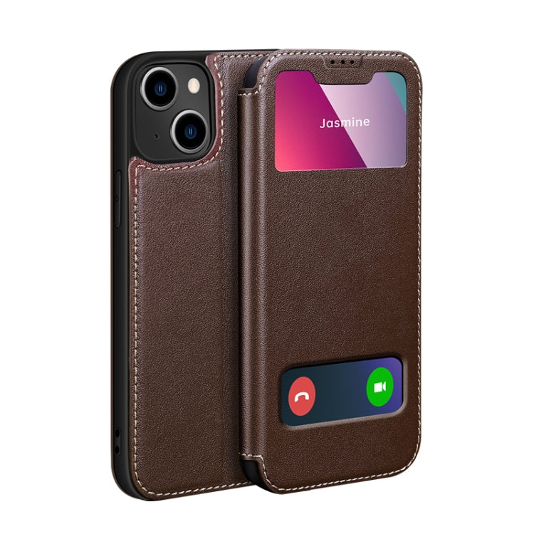 For iPhone 13 mini Yak Texture Horizontal Flip View Time Top Layer Cowhide Leather Case with Holder & Call Display ID