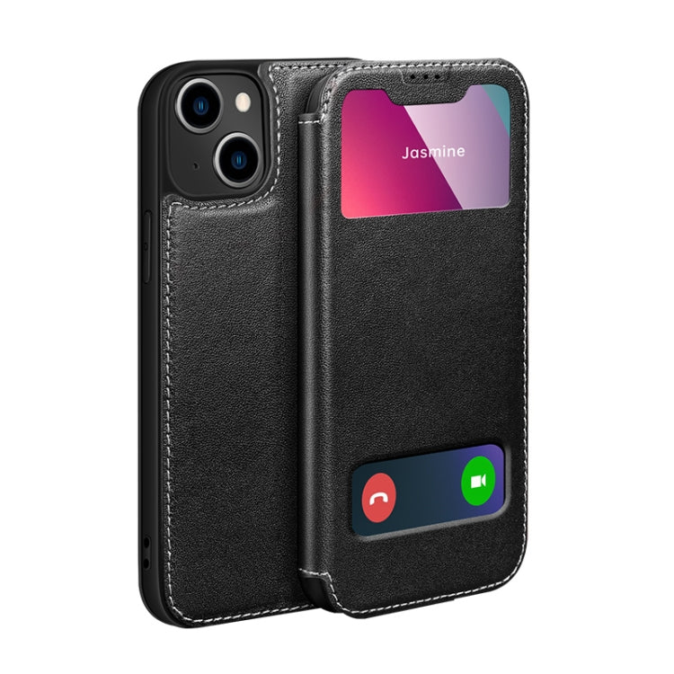 For iPhone 13 Yak Texture Horizontal Flip View Time Top Layer Cowhide Leather Case with Holder & Call Display ID