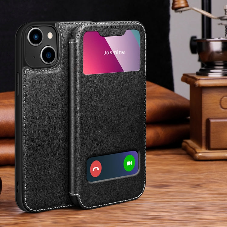 For iPhone 13 Yak Texture Horizontal Flip View Time Top Layer Cowhide Leather Case with Holder & Call Display ID
