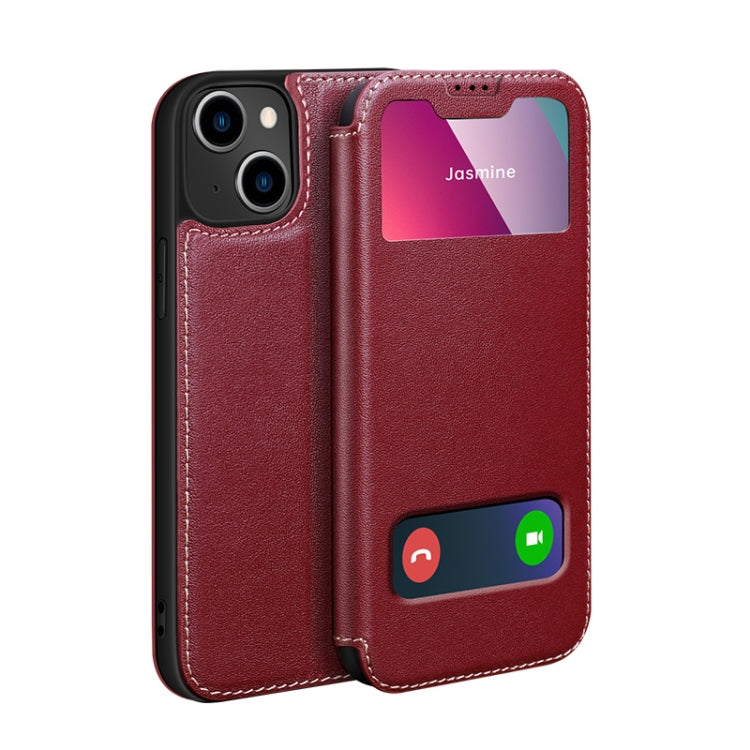 For iPhone 13 Yak Texture Horizontal Flip View Time Top Layer Cowhide Leather Case with Holder & Call Display ID