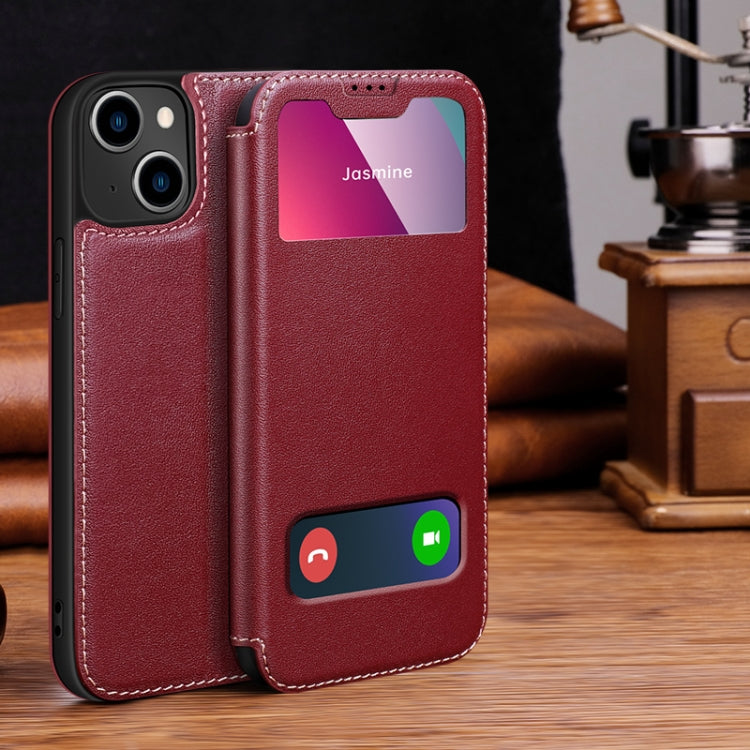 For iPhone 13 Yak Texture Horizontal Flip View Time Top Layer Cowhide Leather Case with Holder & Call Display ID
