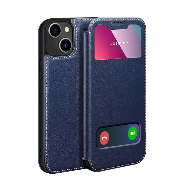 For iPhone 13 Yak Texture Horizontal Flip View Time Top Layer Cowhide Leather Case with Holder & Call Display ID