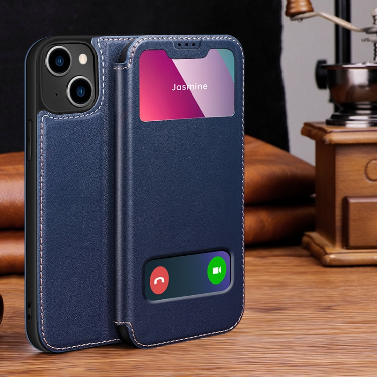 For iPhone 13 Yak Texture Horizontal Flip View Time Top Layer Cowhide Leather Case with Holder & Call Display ID
