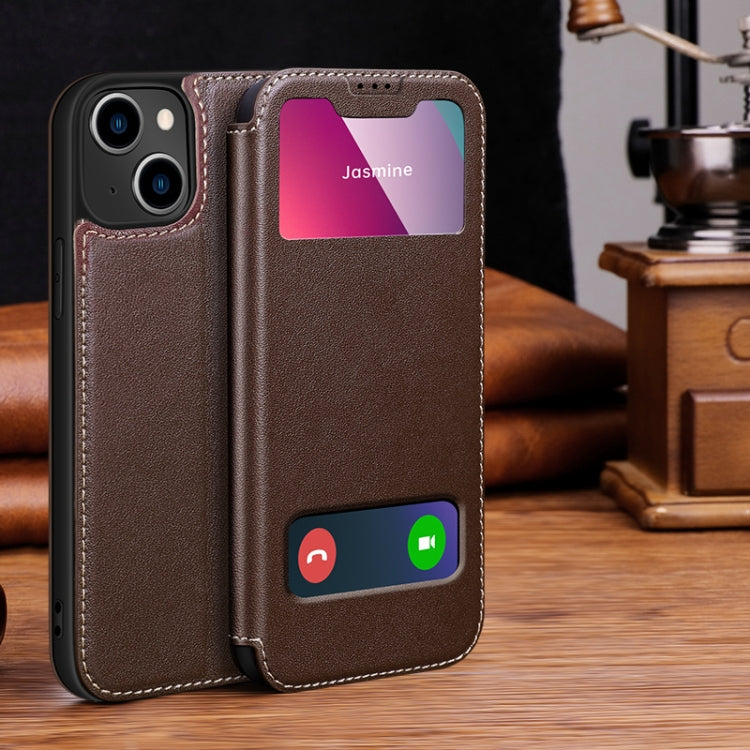 For iPhone 13 Yak Texture Horizontal Flip View Time Top Layer Cowhide Leather Case with Holder & Call Display ID
