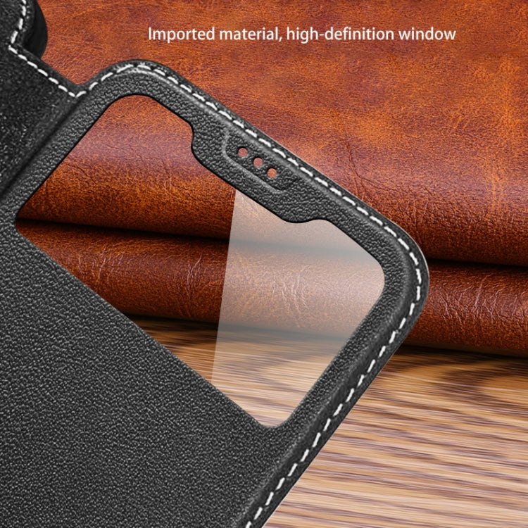 For iPhone 13 Yak Texture Horizontal Flip View Time Top Layer Cowhide Leather Case with Holder & Call Display ID