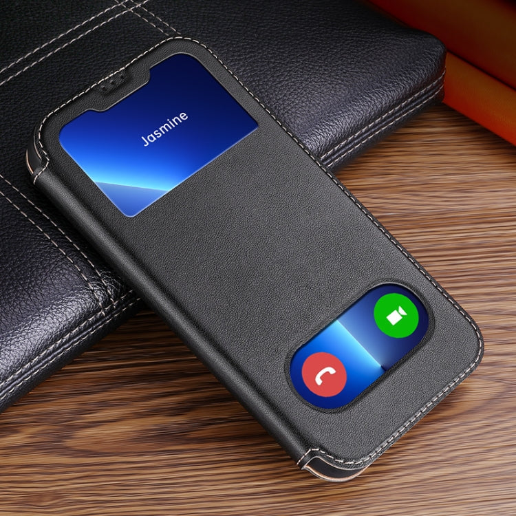 For iPhone 13 Yak Texture Horizontal Flip View Time Top Layer Cowhide Leather Case with Holder & Call Display ID