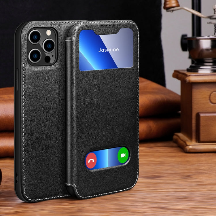 For iPhone 13 Pro Yak Texture Horizontal Flip View Time Top Layer Cowhide Leather Case with Holder & Call Display ID