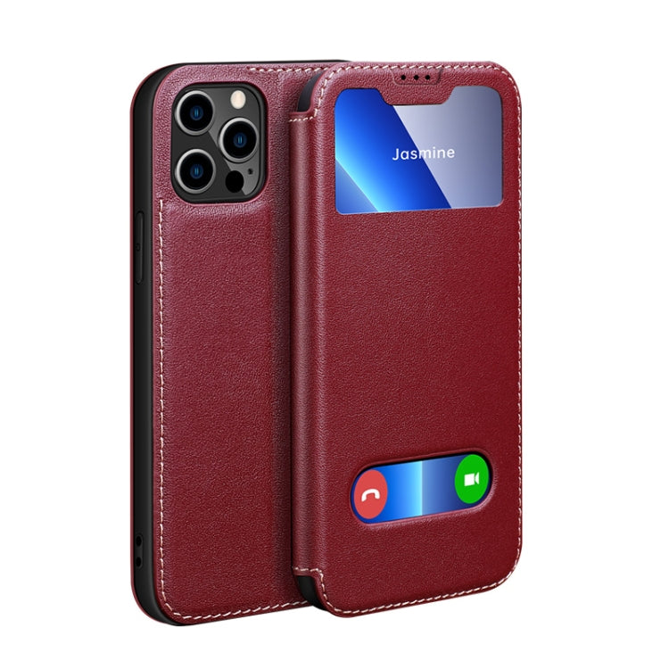 For iPhone 13 Pro Yak Texture Horizontal Flip View Time Top Layer Cowhide Leather Case with Holder & Call Display ID