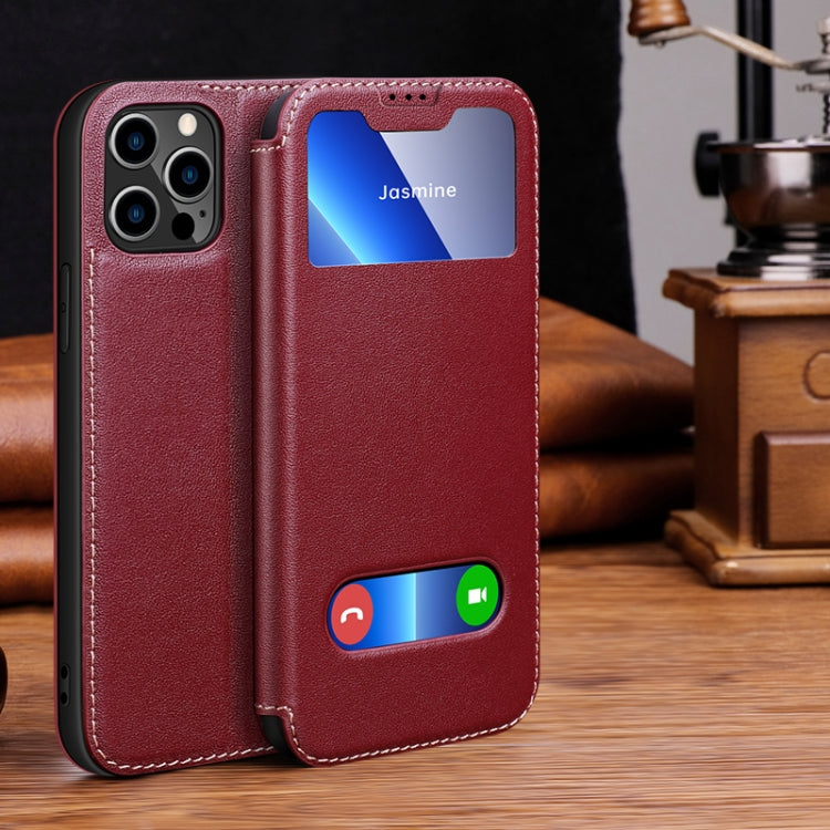 For iPhone 13 Pro Yak Texture Horizontal Flip View Time Top Layer Cowhide Leather Case with Holder & Call Display ID