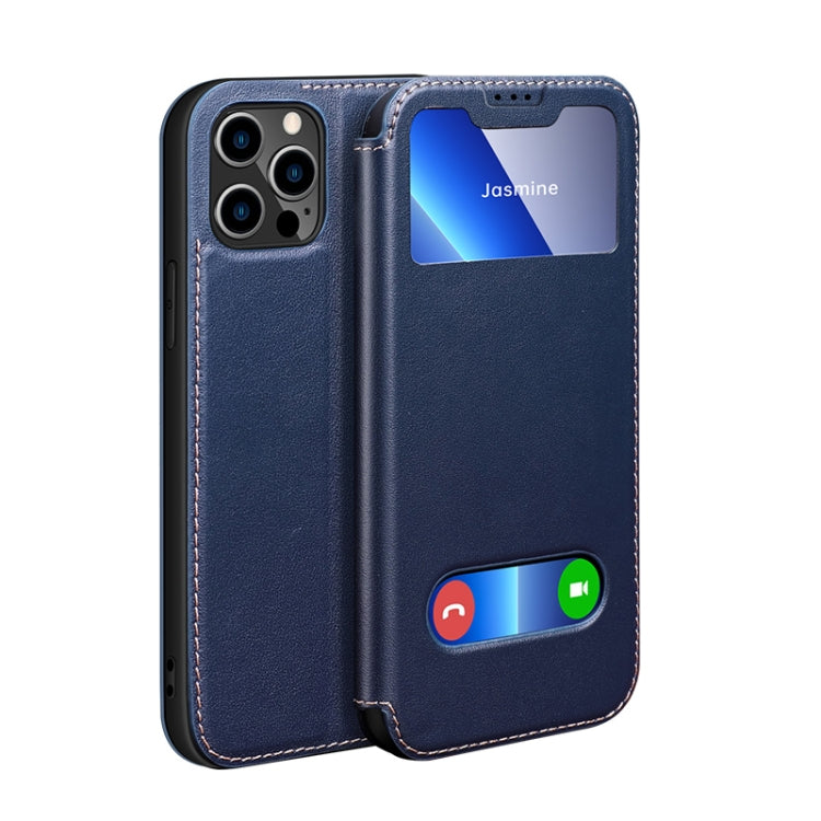 For iPhone 13 Pro Yak Texture Horizontal Flip View Time Top Layer Cowhide Leather Case with Holder & Call Display ID