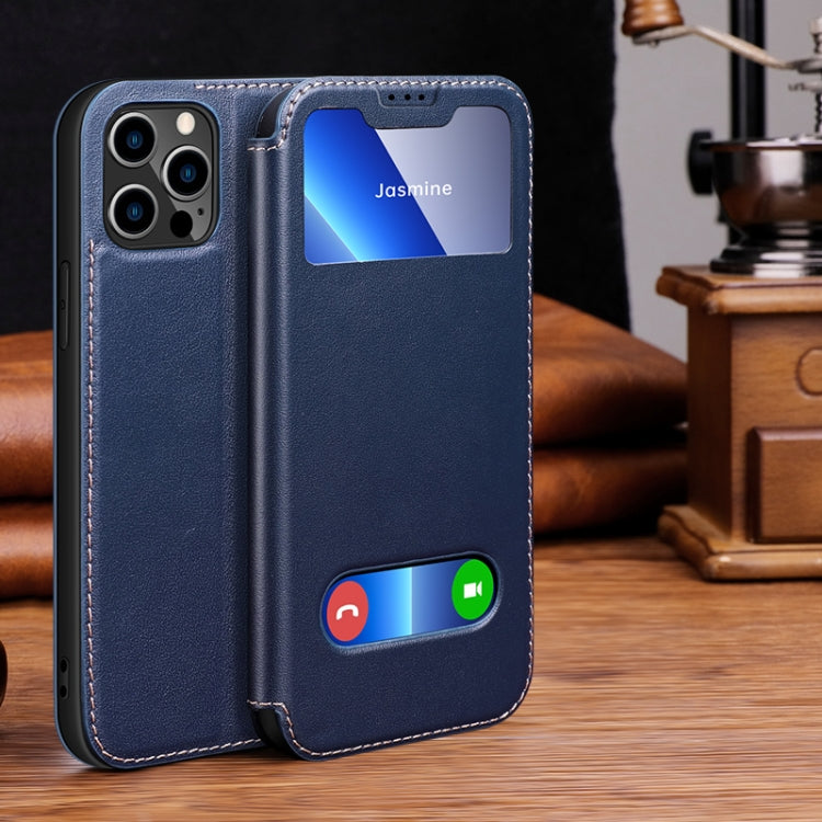 For iPhone 13 Pro Yak Texture Horizontal Flip View Time Top Layer Cowhide Leather Case with Holder & Call Display ID