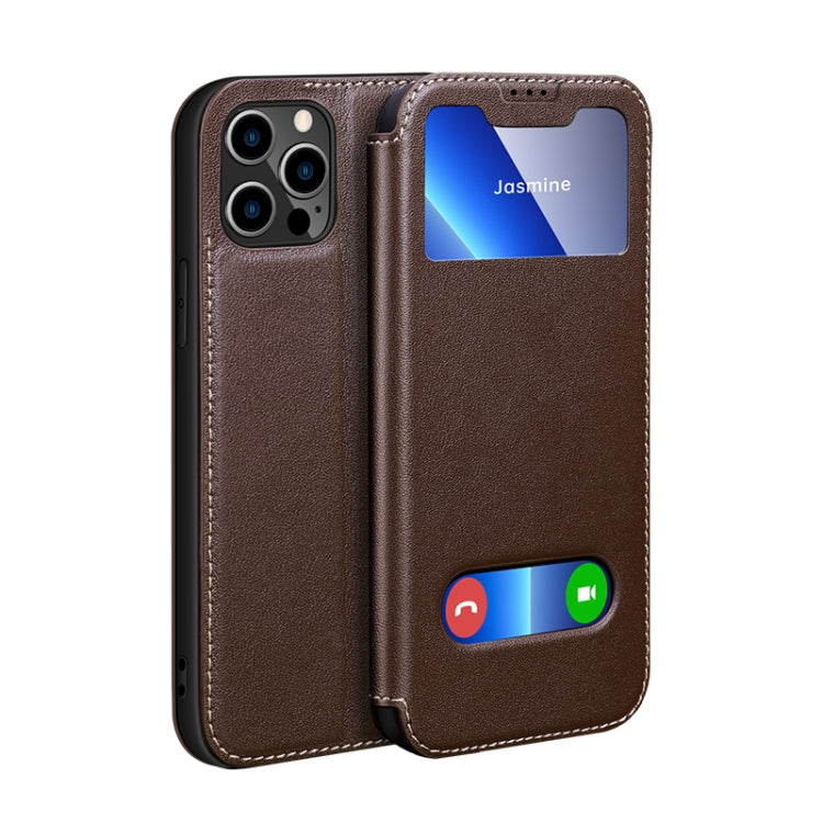 For iPhone 13 Pro Yak Texture Horizontal Flip View Time Top Layer Cowhide Leather Case with Holder & Call Display ID