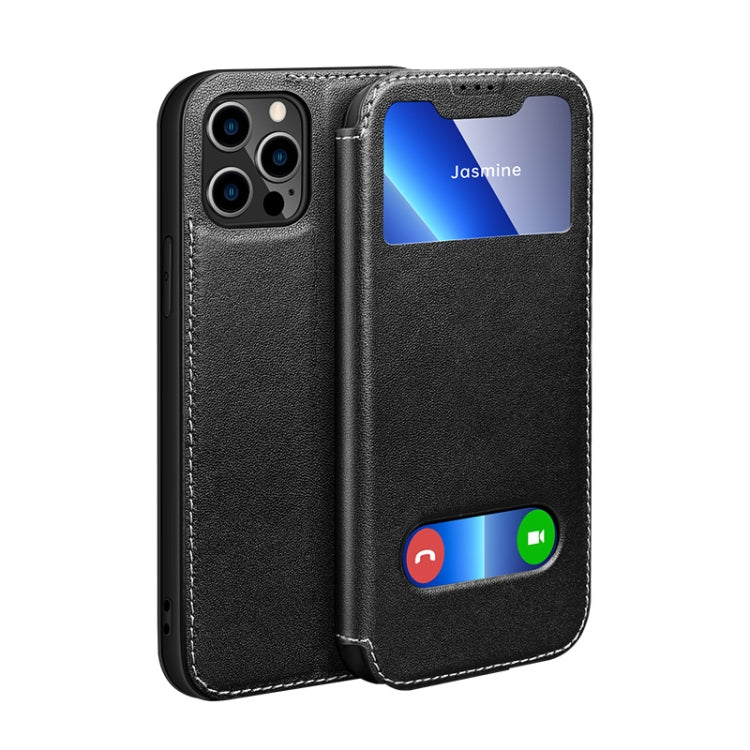 For iPhone 13 Pro Max Yak Texture Horizontal Flip View Time Top Layer Cowhide Leather Case with Holder & Call Display ID