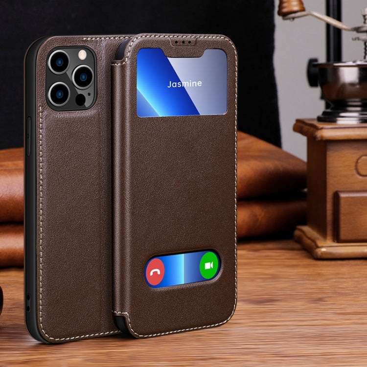 For iPhone 13 Pro Max Yak Texture Horizontal Flip View Time Top Layer Cowhide Leather Case with Holder & Call Display ID