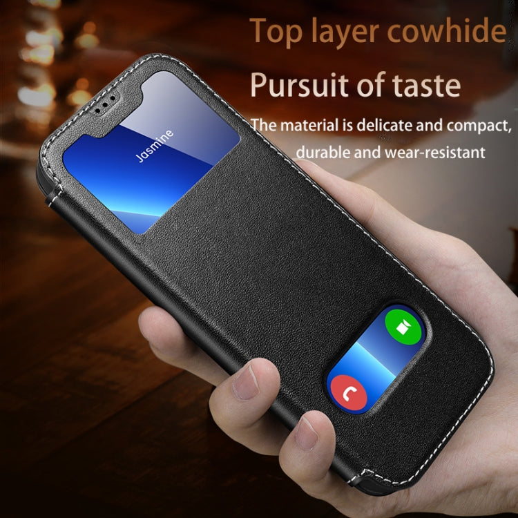 For iPhone 13 Pro Max Yak Texture Horizontal Flip View Time Top Layer Cowhide Leather Case with Holder & Call Display ID