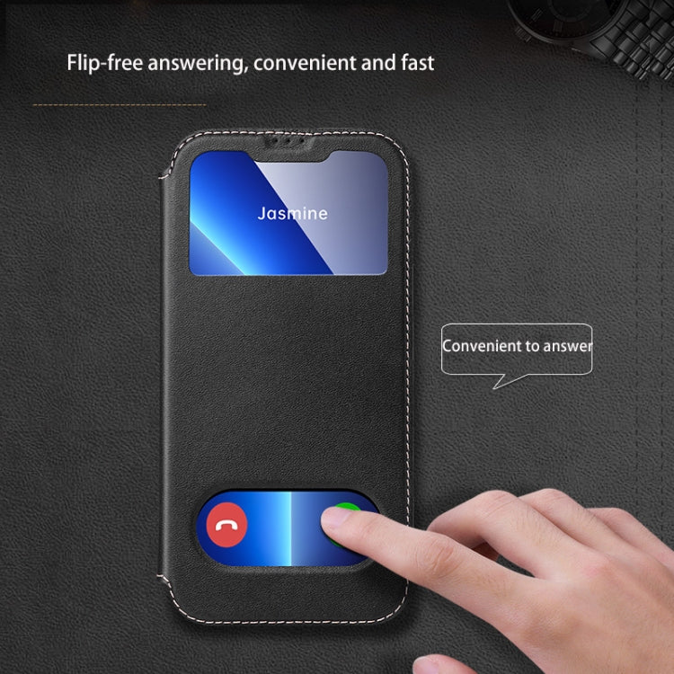 For iPhone 13 Pro Max Yak Texture Horizontal Flip View Time Top Layer Cowhide Leather Case with Holder & Call Display ID