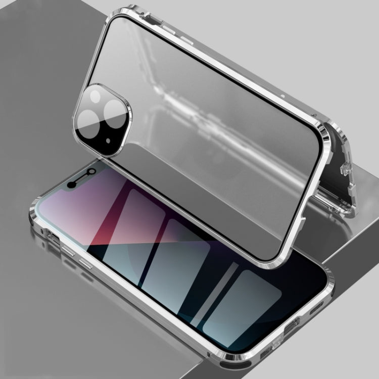 For iPhone 13 Four-corner Shockproof Anti-peeping Magnetic Metal Frame Double-sided Tempered Glass Case