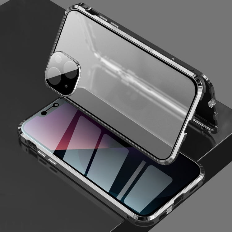 For iPhone 13 Four-corner Shockproof Anti-peeping Magnetic Metal Frame Double-sided Tempered Glass Case