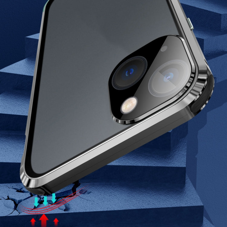 For iPhone 13 Four-corner Shockproof Anti-peeping Magnetic Metal Frame Double-sided Tempered Glass Case