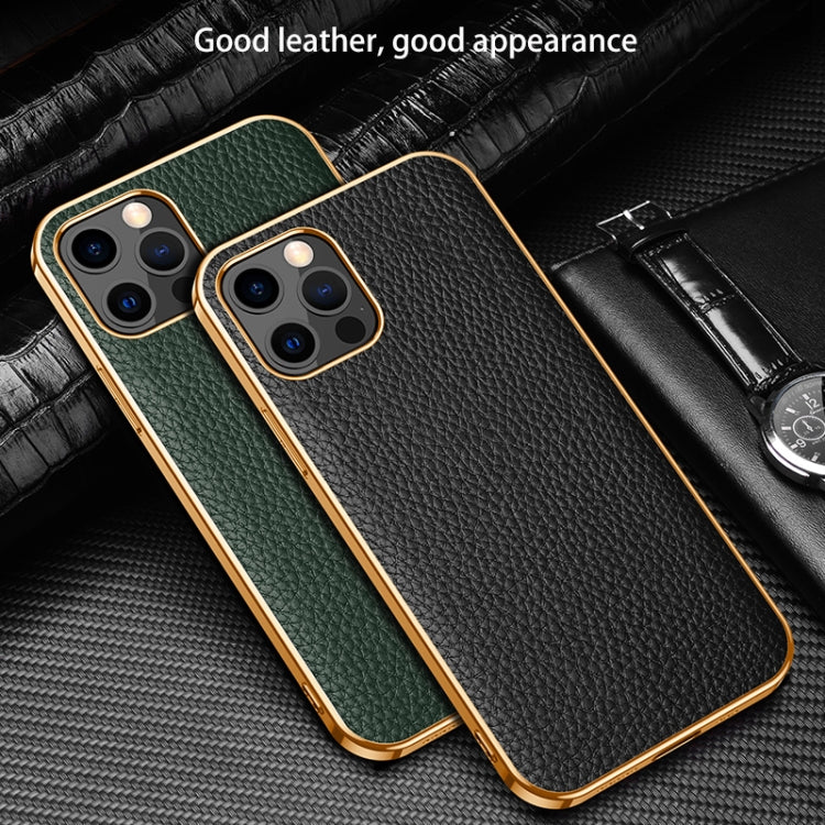 For iPhone 13 mini Electroplated Edge Litchi Texture Top Layer Cowhide Leather Back Cover Shockproof Case