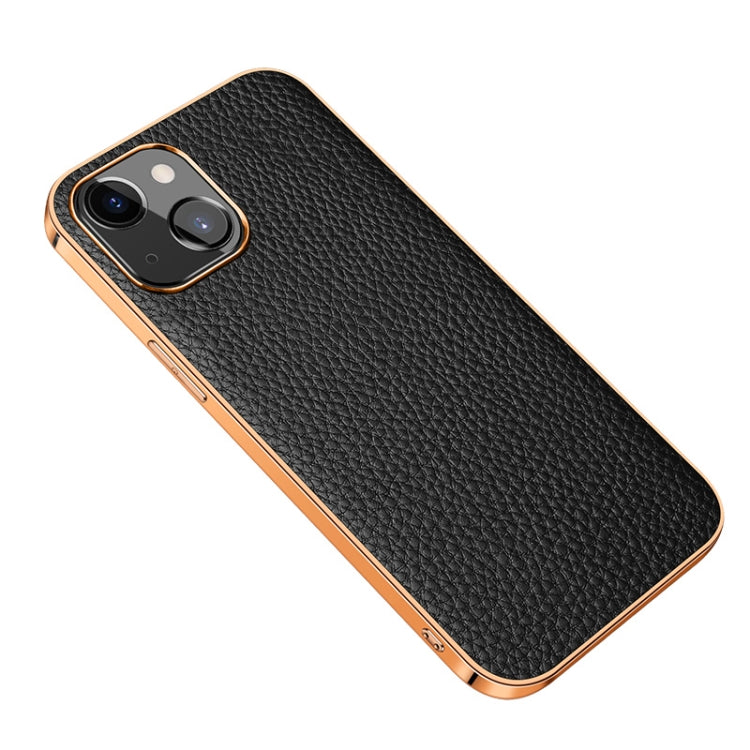 For iPhone 13 Electroplated Edge Litchi Texture Top Layer Cowhide Leather Back Cover Shockproof Case