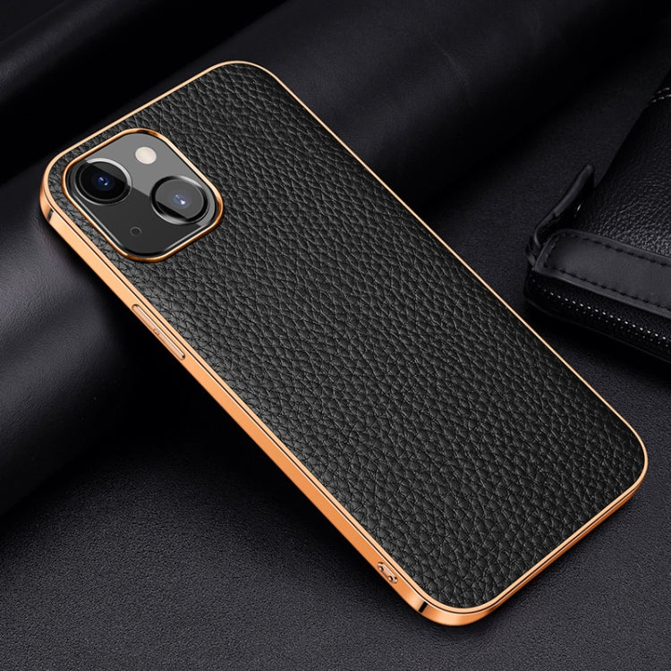 For iPhone 13 Electroplated Edge Litchi Texture Top Layer Cowhide Leather Back Cover Shockproof Case