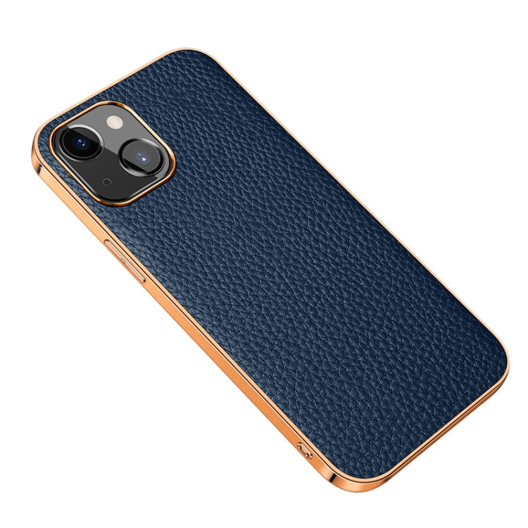 For iPhone 13 Electroplated Edge Litchi Texture Top Layer Cowhide Leather Back Cover Shockproof Case