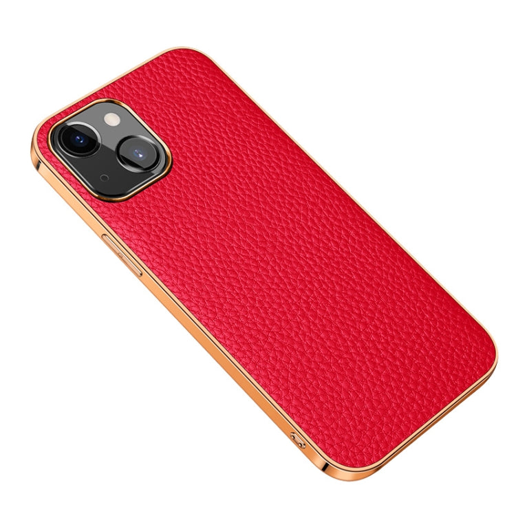 For iPhone 13 Electroplated Edge Litchi Texture Top Layer Cowhide Leather Back Cover Shockproof Case