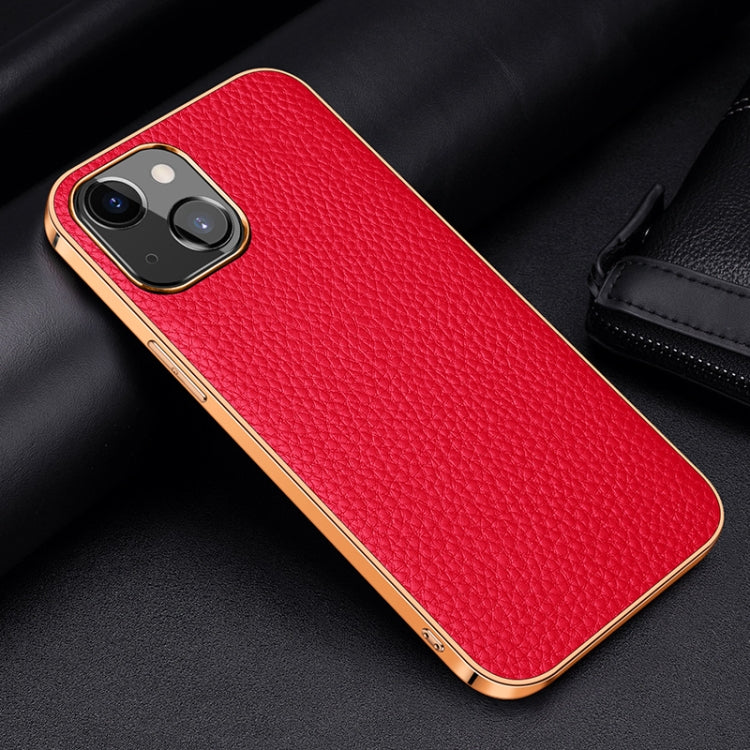 For iPhone 13 Electroplated Edge Litchi Texture Top Layer Cowhide Leather Back Cover Shockproof Case