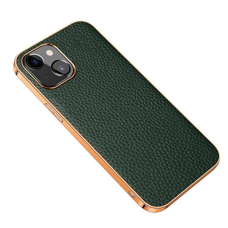 For iPhone 13 Electroplated Edge Litchi Texture Top Layer Cowhide Leather Back Cover Shockproof Case