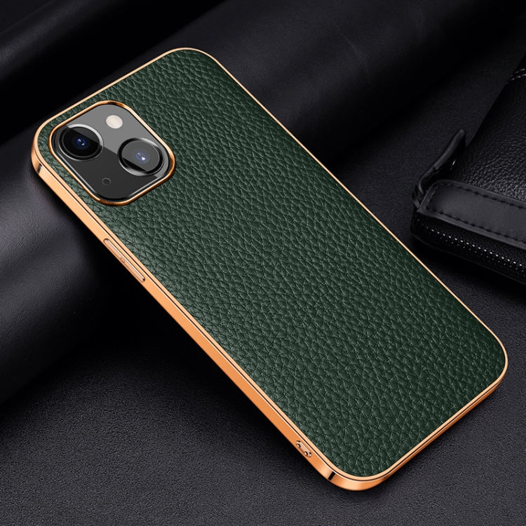 For iPhone 13 Electroplated Edge Litchi Texture Top Layer Cowhide Leather Back Cover Shockproof Case