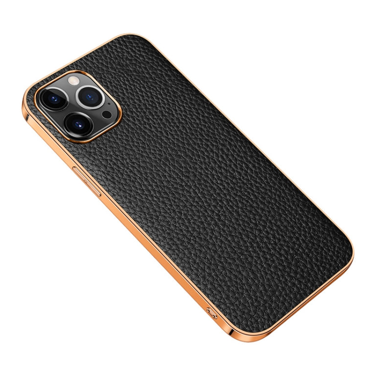 For iPhone 13 Pro Electroplated Edge Litchi Texture Top Layer Cowhide Leather Back Cover Shockproof Case