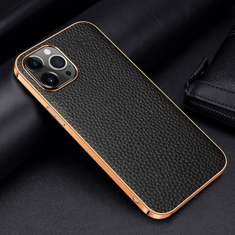 For iPhone 13 Pro Electroplated Edge Litchi Texture Top Layer Cowhide Leather Back Cover Shockproof Case