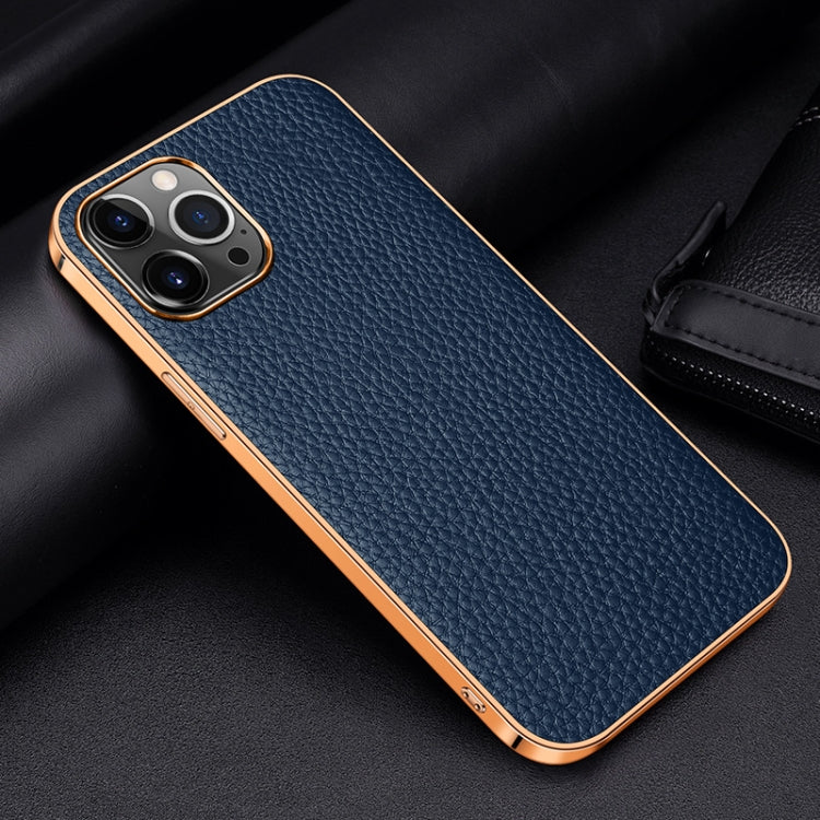 For iPhone 13 Pro Electroplated Edge Litchi Texture Top Layer Cowhide Leather Back Cover Shockproof Case