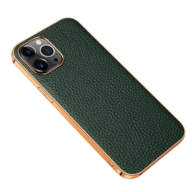 For iPhone 13 Pro Electroplated Edge Litchi Texture Top Layer Cowhide Leather Back Cover Shockproof Case