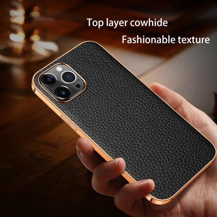 For iPhone 13 Pro Electroplated Edge Litchi Texture Top Layer Cowhide Leather Back Cover Shockproof Case
