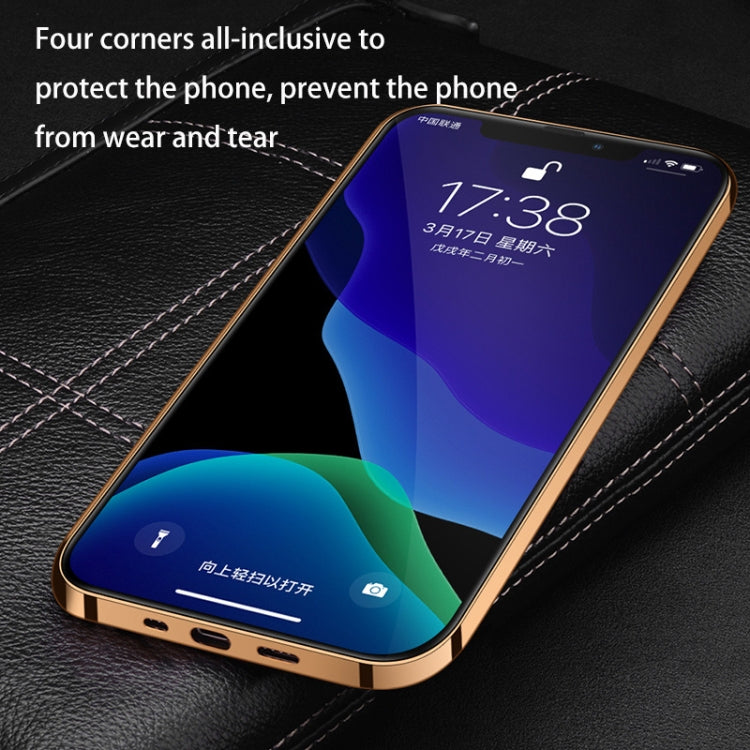 For iPhone 13 Pro Electroplated Edge Litchi Texture Top Layer Cowhide Leather Back Cover Shockproof Case