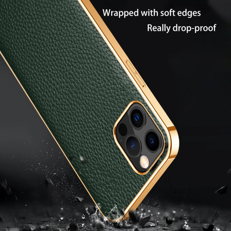 For iPhone 13 Pro Electroplated Edge Litchi Texture Top Layer Cowhide Leather Back Cover Shockproof Case